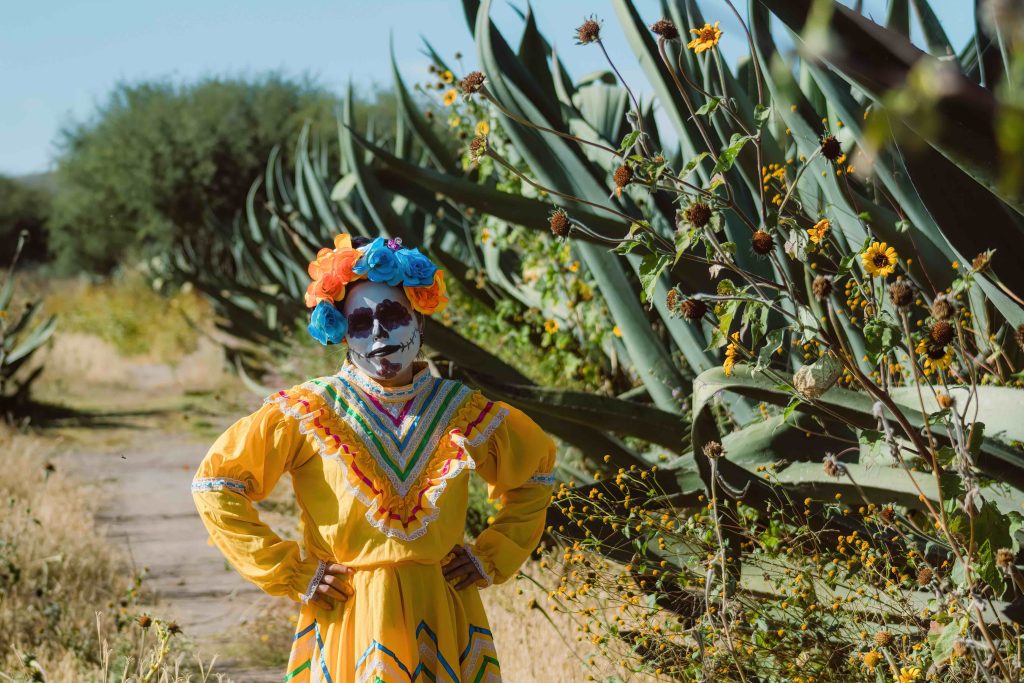 Mexican Woman In Colorful Dress And Skull Makeup In The Mexican Desert