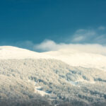 Snowy Bieszczady Mountains In Winter. Snow Covered Trees. Blue S